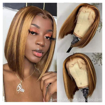 wholesale raw Indian virgin hair vendors  lace front high quality highlight 1B honey brown color straight bob human hair wigs